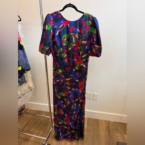 SALONI Navy Silk Crepe Dress with Multicolor Floral Print Sz 10